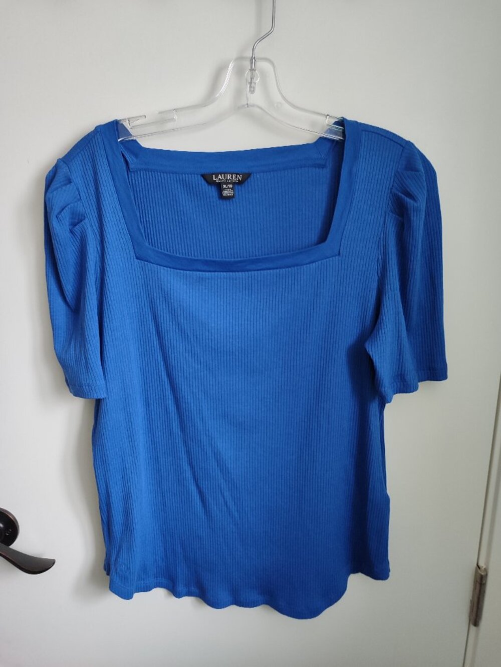 Lauren Ralph Lauren Black Label Cotton Modal Ribbed Puff Sleeve Top Blue XL